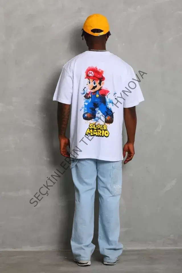 Unisex Oversize Baskılı Bisiklet Yaka T-Shirt - Beyaz