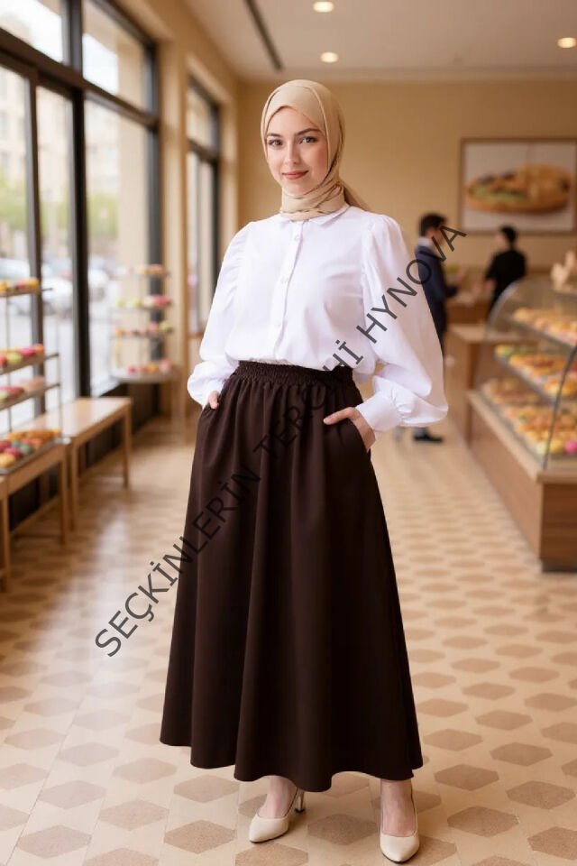 Kadın Kahverengi Double Kumaş Beli Lastikli Cepli Etek