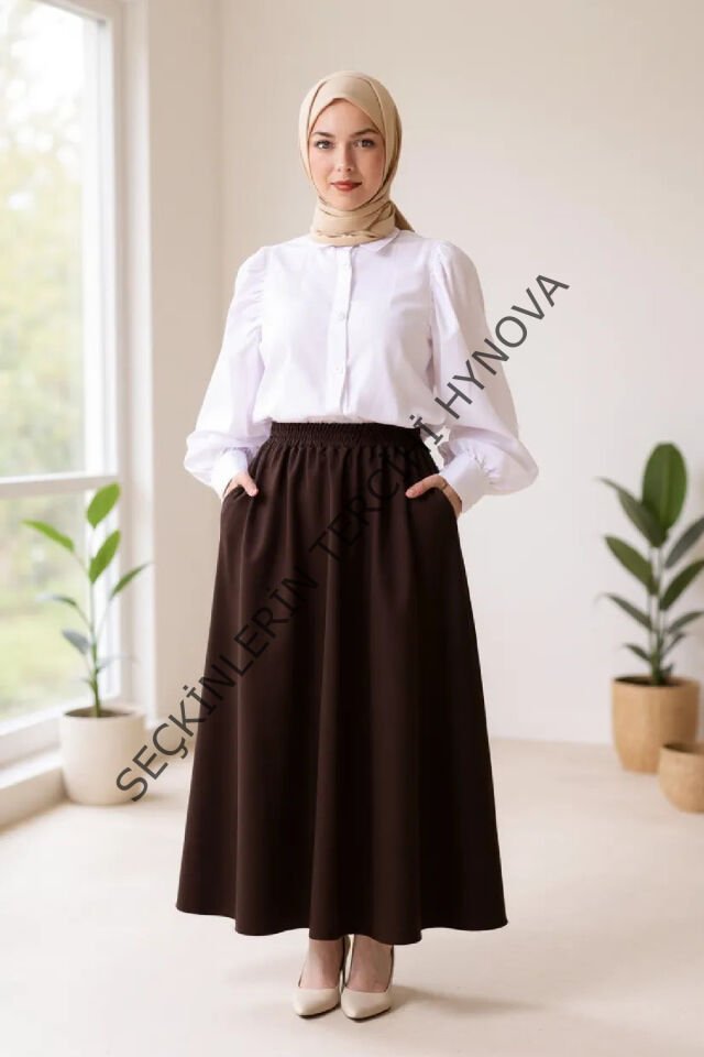 Kadın Kahverengi Double Kumaş Beli Lastikli Cepli Etek