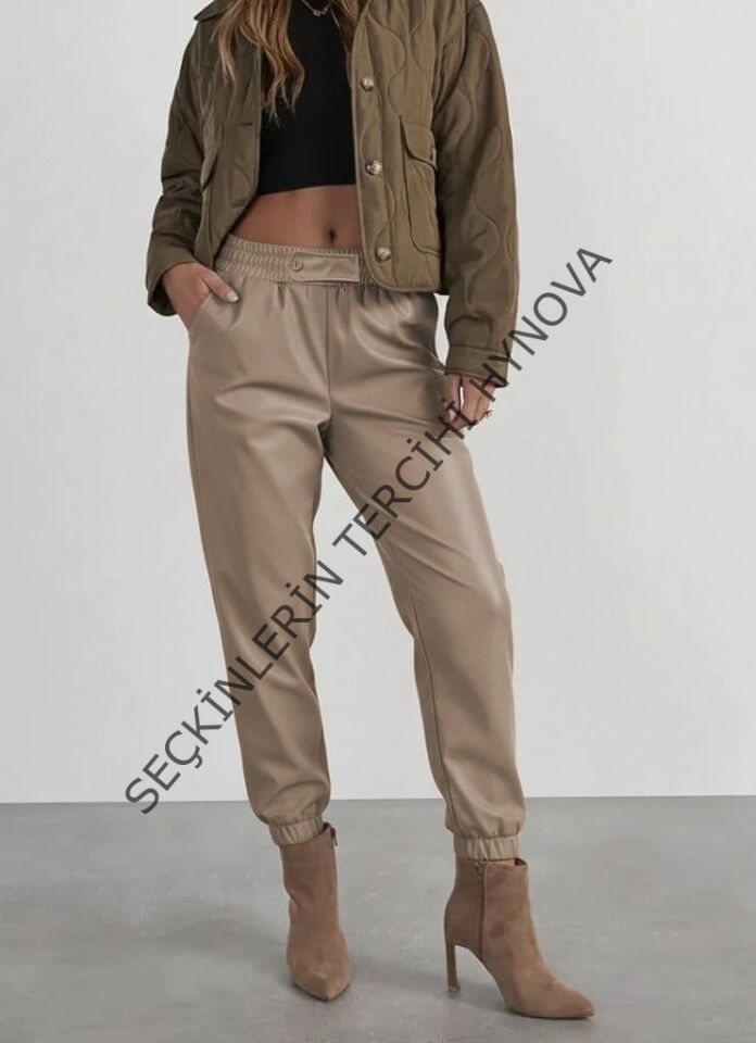 Kadın Yüksek Bel Lastikli önü Düğmeli Deri Pantolon