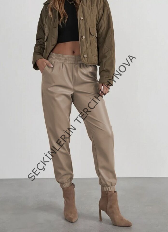 Kadın Yüksek Bel Lastikli önü Düğmeli Deri Pantolon