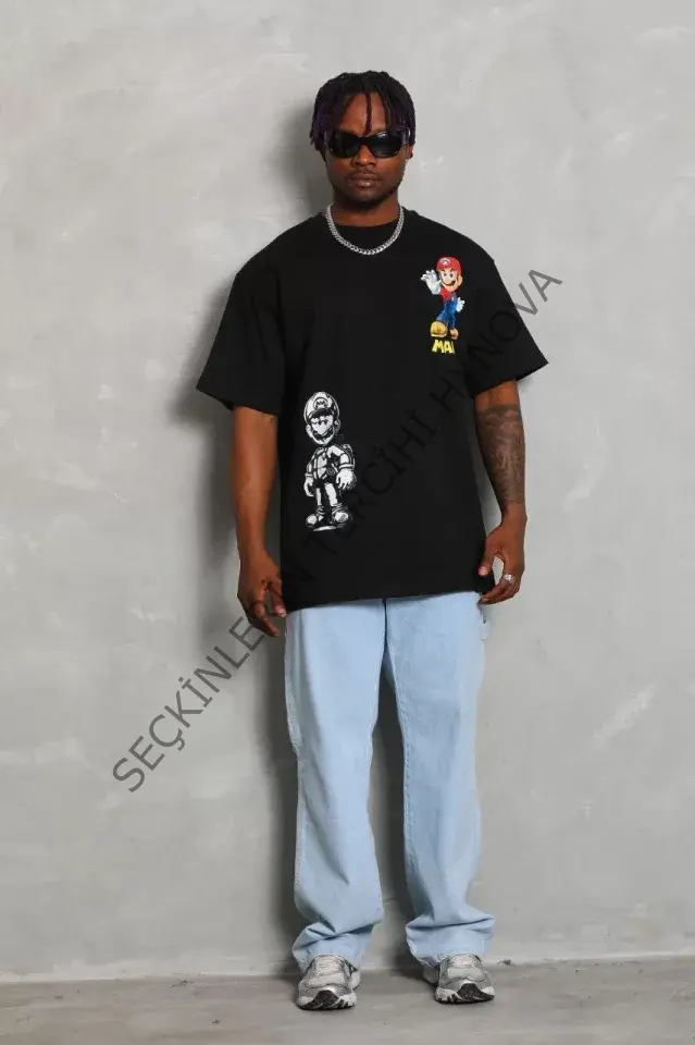 Unisex Oversize Baskılı Bisiklet Yaka T-Shirt - Siyah