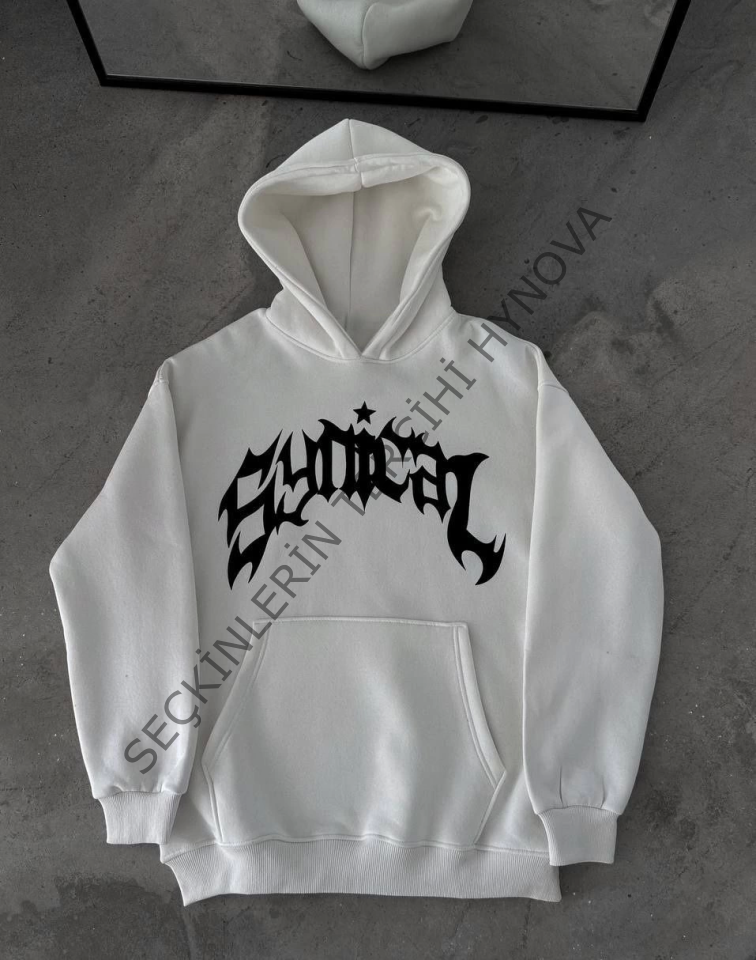 Üç İplik Kapşonlu Baskılı Oversize SweatShirt-  Beyaz