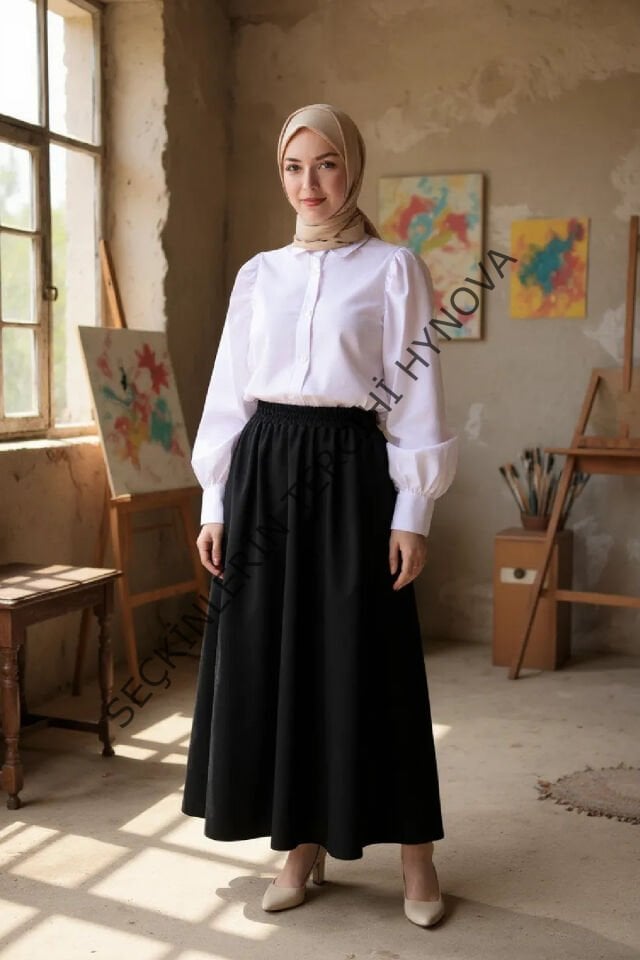 Kadın Siyah Double Kumaş Beli Lastikli Cepli Etek