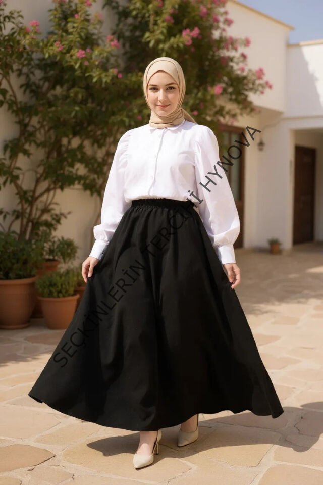 Kadın Siyah Double Kumaş Beli Lastikli Cepli Etek