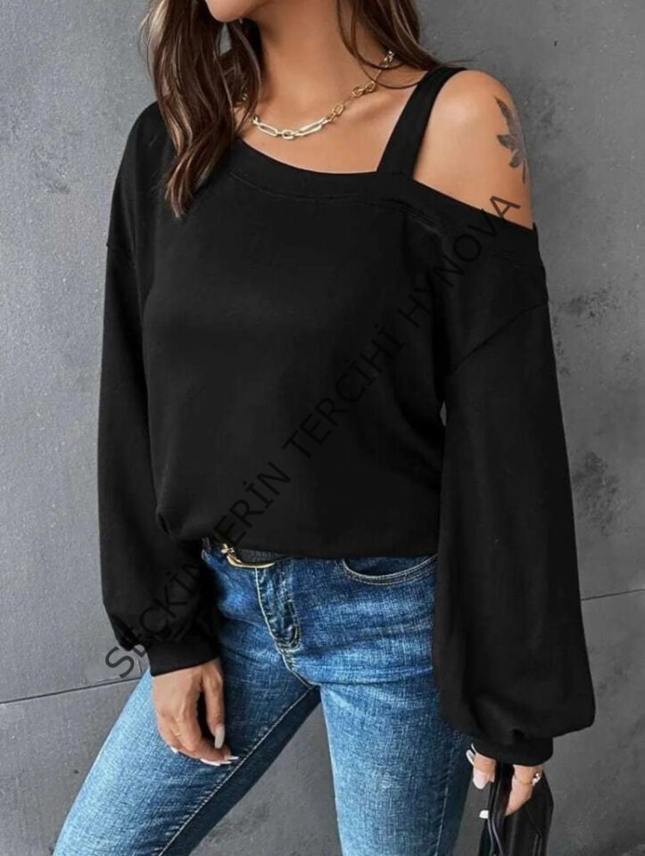 Kadın Uzun Kollu Tek Omuz Askı Detay Salaş Viskon Iki Iplik Bluz