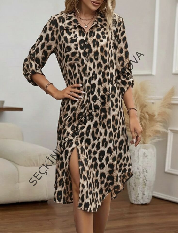 Kadın Uzun Kollu Yakalı önden Düğmeli Leopar Desenli Modal Midi Elbise