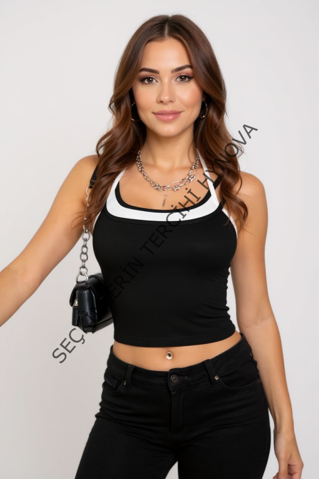 Kadın Beyaz Siyah Çift Renk Çapraz Askılı Crop Top Bluz – Şık, Rahat ve Kolay Kombinlenebilir