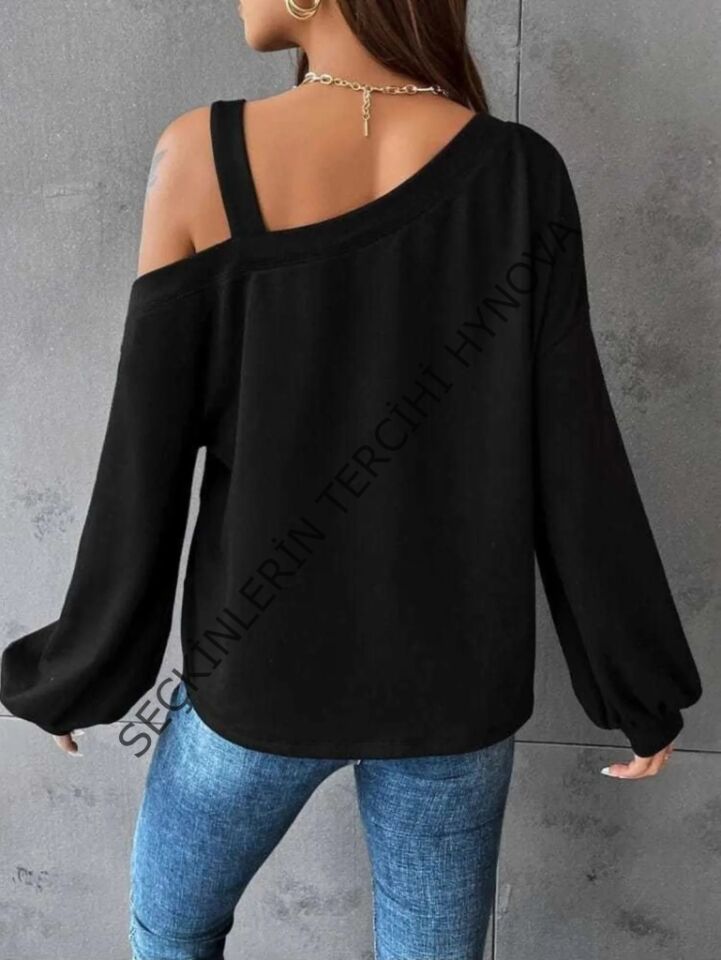 Kadın Uzun Kollu Tek Omuz Askı Detay Salaş Viskon Iki Iplik Bluz