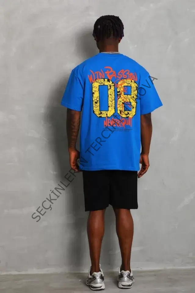 Unisex Oversize Baskılı Bisiklet Yaka T-Shirt - Mavi