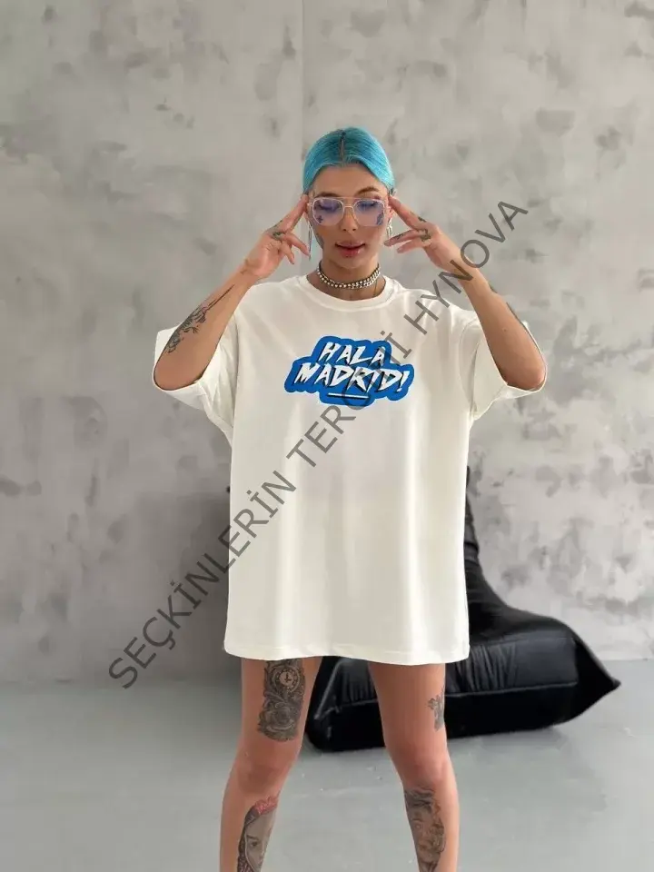 Unisex Bisiklet Yaka Baskılı Oversize T-Shirt - Beyaz
