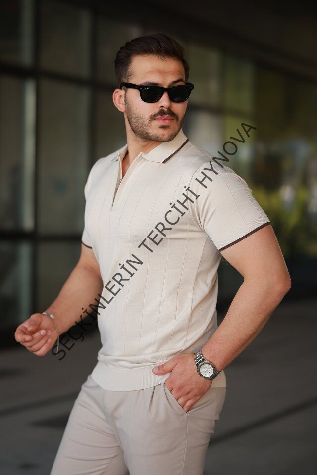 Erkek Fermuar Yakalı çizgi Dokulu Kısa Kollu Tişört