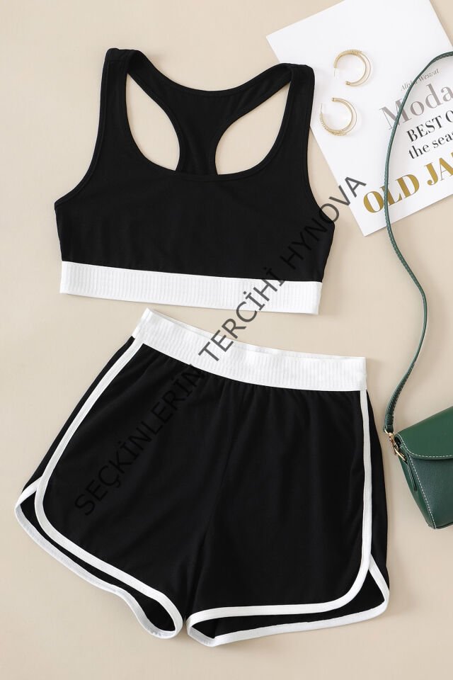 Kadın Siyah Beyaz Lastikli Çapraz Crop Toplu Şortlu Gecelik Takım – Modern, Konforlu ve Günlük Kombinlere Uygun
