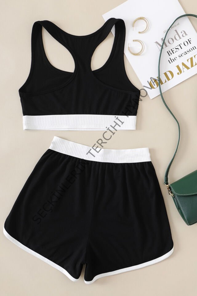 Kadın Siyah Beyaz Lastikli Çapraz Crop Toplu Şortlu Gecelik Takım – Modern, Konforlu ve Günlük Kombinlere Uygun