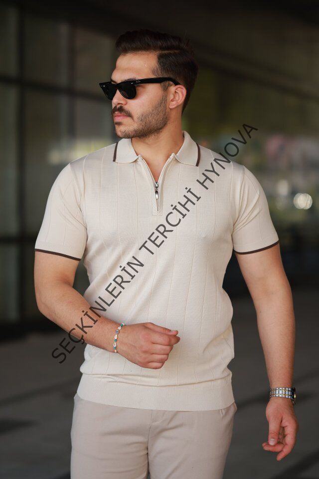 Erkek Fermuar Yakalı çizgi Dokulu Kısa Kollu Tişört
