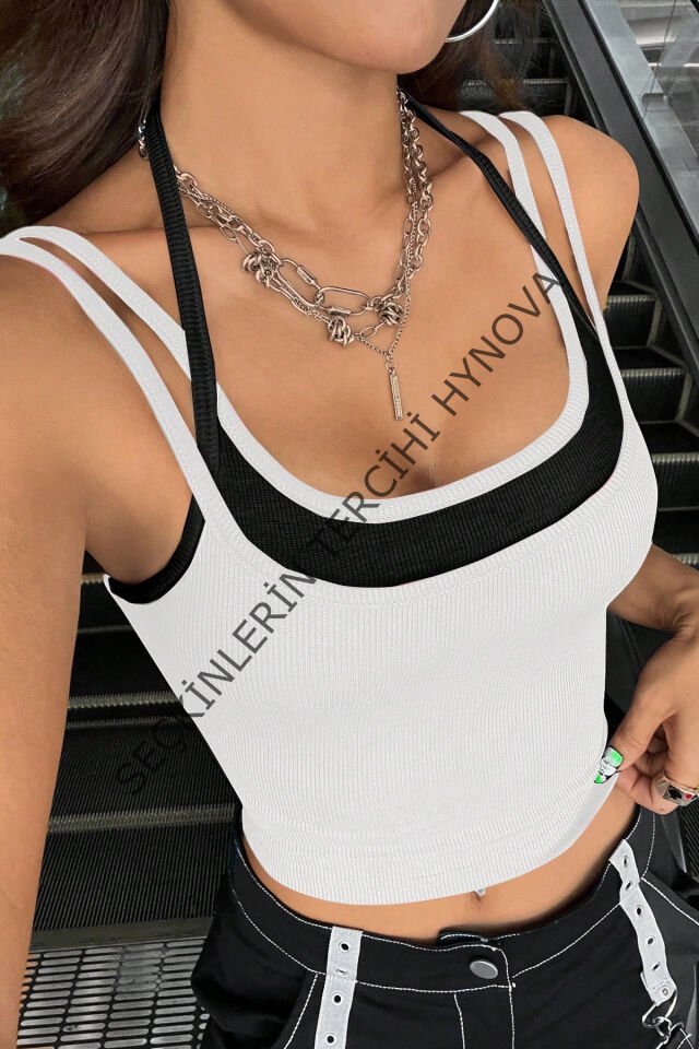 Kadın Siyah Beyaz Çift Renk Çapraz Askılı Crop Top Bluz