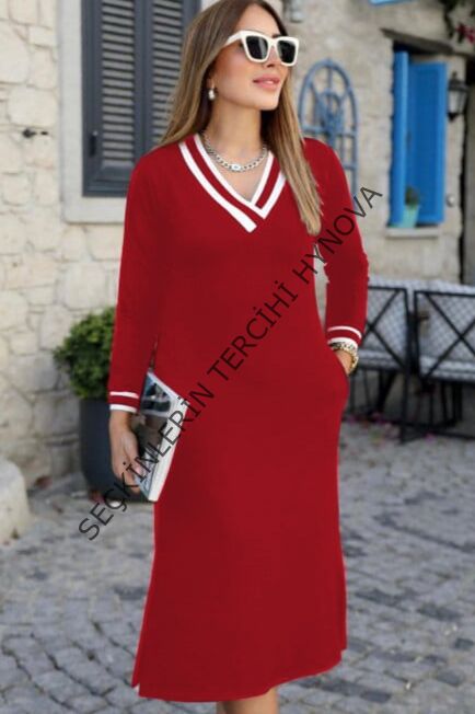 Kadın Uzun Kollu V Yakalı Yandan Yırtmaçlı Iki Iplik Midi Elbise