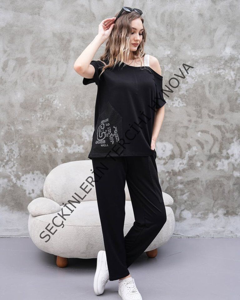 Kadın Kayık Yaka Baskı Detay Salaş Bluz Ve Yüksek Bel Pantolon Ikili Takım