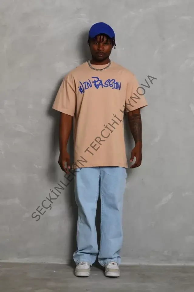 Unisex Oversize Baskılı Bisiklet Yaka T-Shirt - Bej