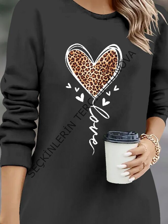 Kadın Uzun Kollu Bisiklet Yaka Kalp Desenli Kısa Viskon Elbise