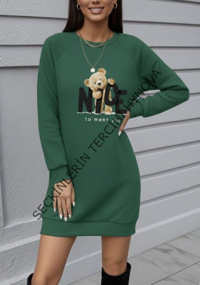 Kadın Uzun Kollu Bisiklet Yaka Ayı Desenli Viskon Iki Iplik Elbise