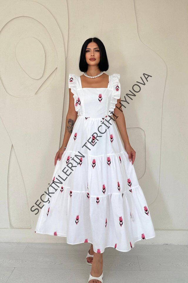 Fuşya Sıfır Kol Fırfırlı Elbise