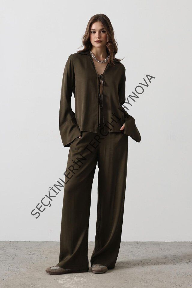 Önden Biyeli Bluz Ve Pantolon Takım - Haki