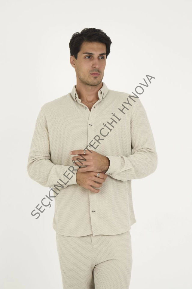 Düğmeli Tam Kalıp Uzun Kol Jakar Gömlek - Gri