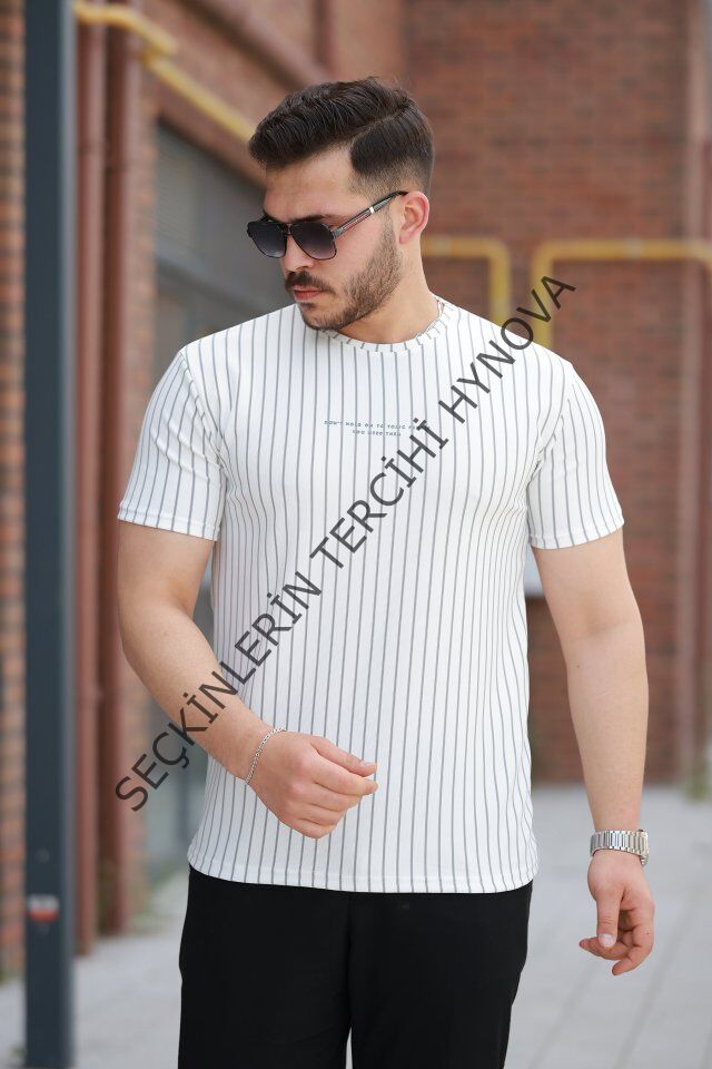 Erkek Dikey çizgili Ottoman Kumaş Kısa Kollu T-shirt