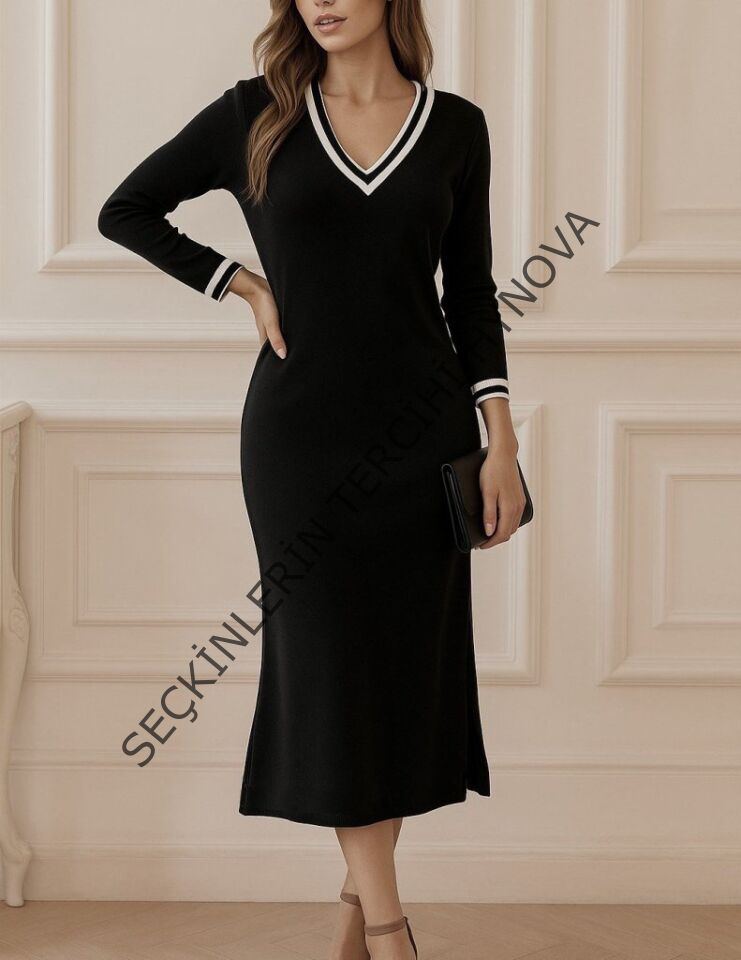 Kadın Uzun Kollu V Ribana Yakalı Yanlardan Yırtmaçlı Midi Viskon Iki Iplik Elbise