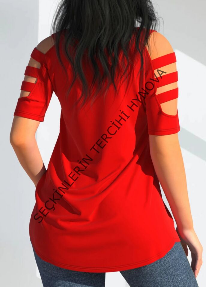 Kadın Kısa Kollu Kollar şerit Detay V Yaka Viskon Bluz
