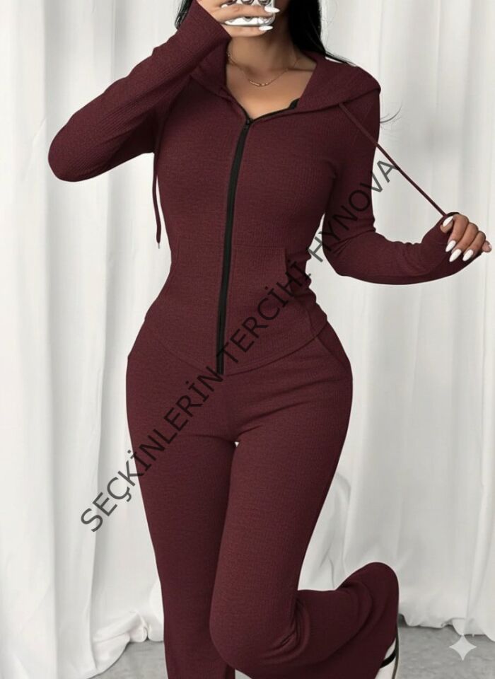Kadın Uzun Kollu Kapşonlu Bağcıklı önü Fermuarlı Viskon Iki Iplik Bluz Ve Pantolon Ikili Takım