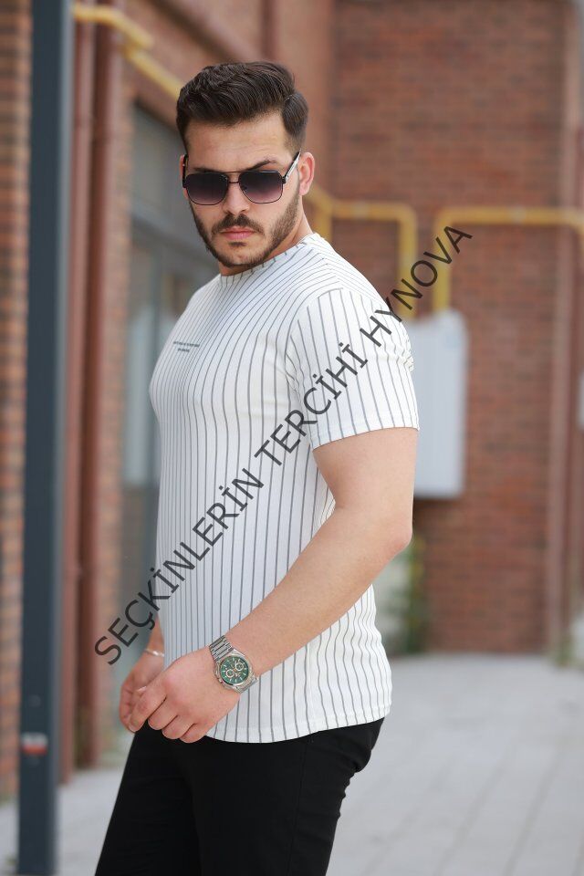 Erkek Dikey çizgili Ottoman Kumaş Kısa Kollu T-shirt