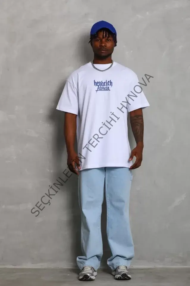 Unisex Oversize Baskılı Bisiklet Yaka T-Shirt - Beyaz