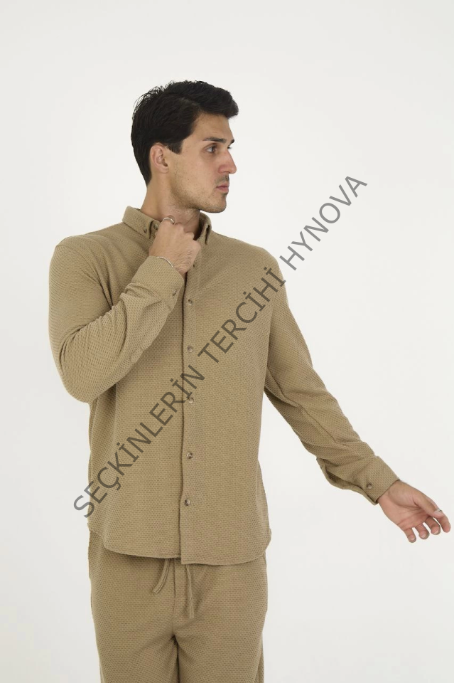 Düğmeli Tam Kalıp Uzun Kol Jakar Gömlek - Kahverengi