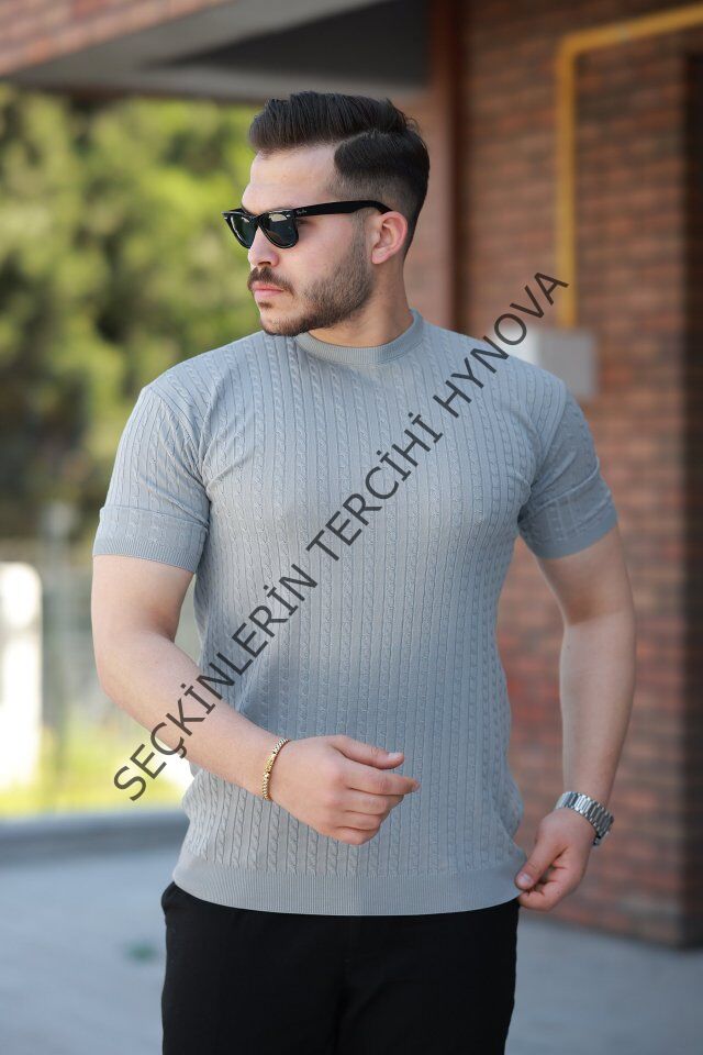 Erkek Bisiklet Yaka örgü Desenli Kısa örme Triko Kısa Kollu T-shirt