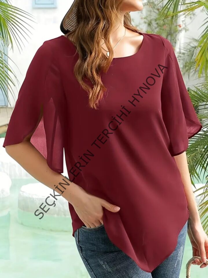 Kadın Kısa Yırtmaç Kollu Yuvarlak Yaka şifon Bluz