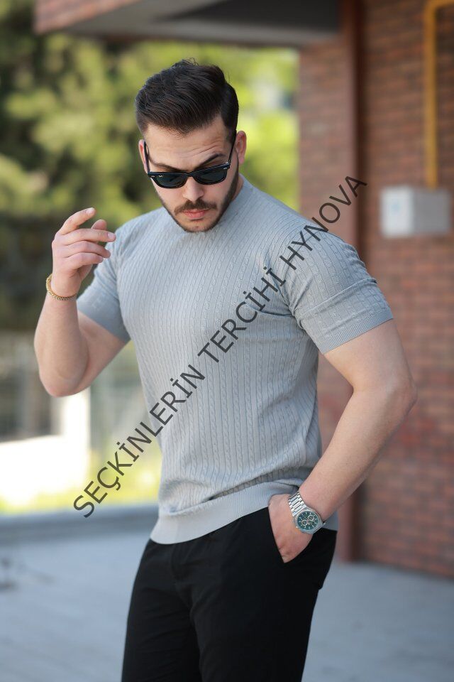 Erkek Bisiklet Yaka örgü Desenli Kısa örme Triko Kısa Kollu T-shirt