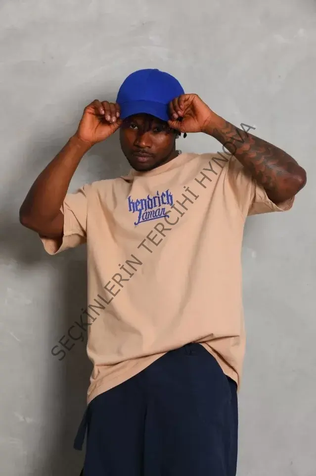 Unisex Oversize Baskılı Bisiklet Yaka T-Shirt - Bej