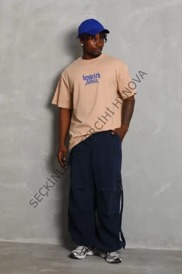 Unisex Oversize Baskılı Bisiklet Yaka T-Shirt - Bej