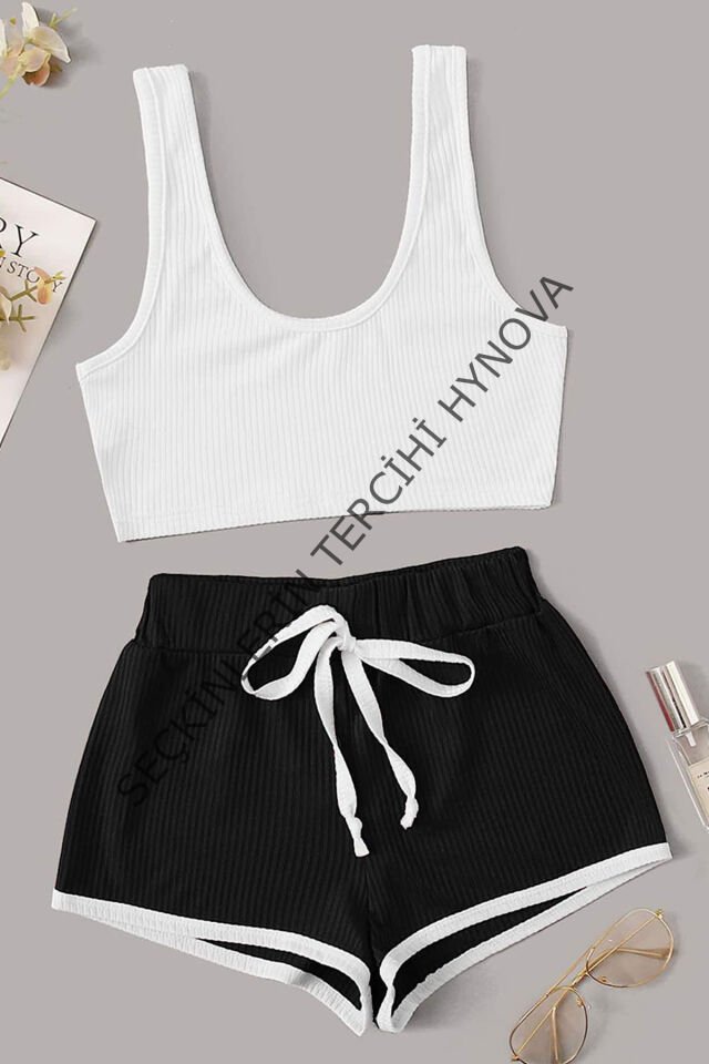 Kadın Siyah Şortlu Beyaz Croplu Gecelik Takımı – Modern, Konforlu ve Günlük Kombinlere Uygun