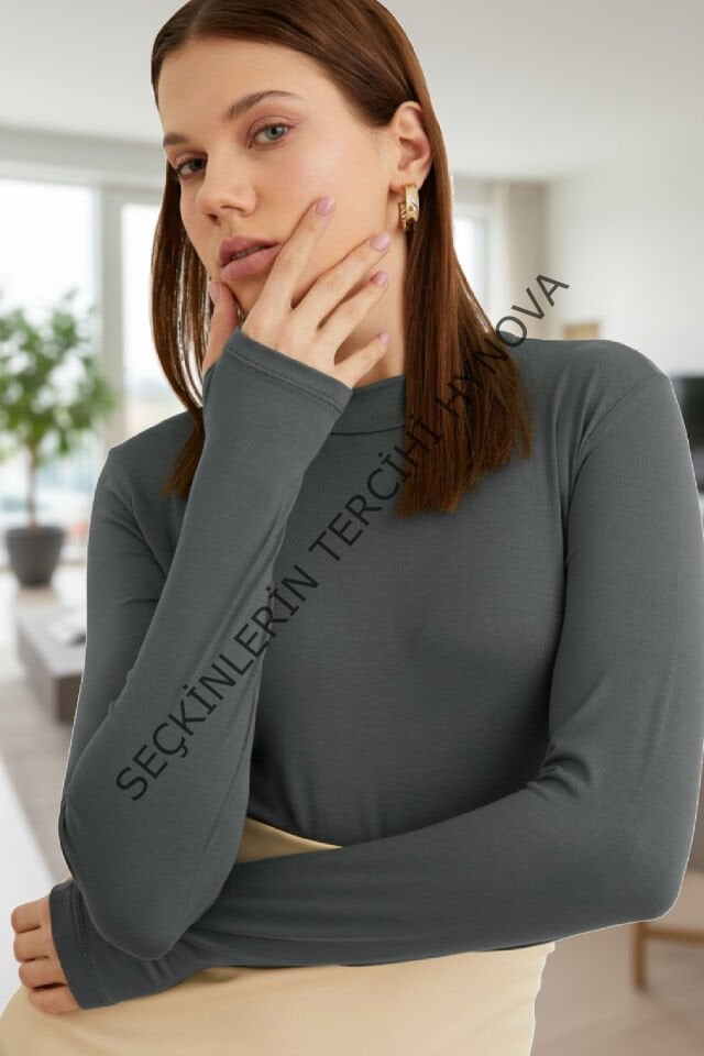 Kadın Antrasit Gri Parmak Detaylı Esnek Uzun Kollu Body