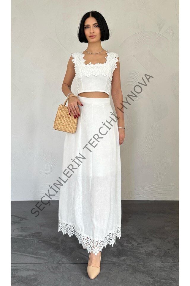 Beyaz Güpürlü Crop Ve Etek Takım