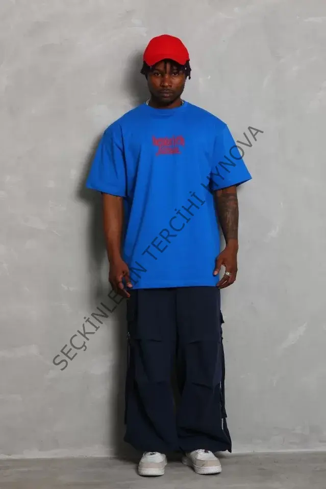 Unisex Oversize Baskılı Bisiklet Yaka T-Shirt - Mavi