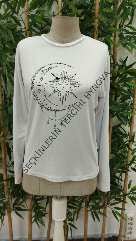 Kadın Uzun Kollu Bisiklet Yaka Ay Baskılı Viskon Bluz