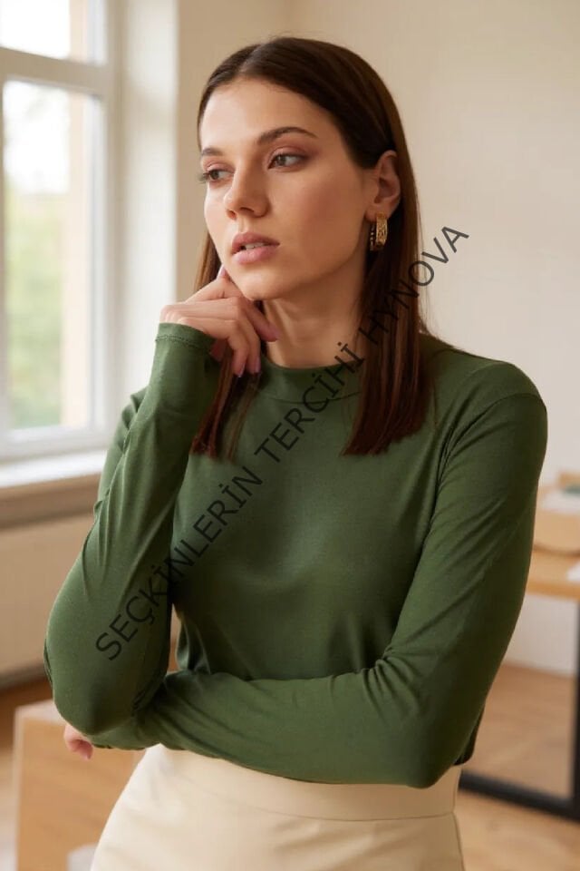 Kadın Haki Yeşili Parmak Detaylı Esnek Uzun Kollu Body