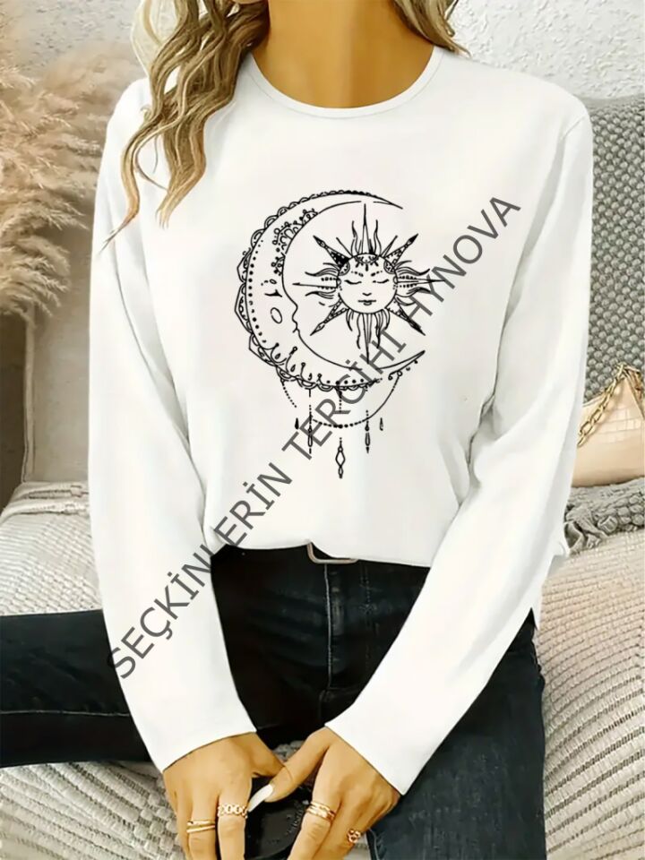 Kadın Uzun Kollu Bisiklet Yaka Ay Baskılı Viskon Bluz