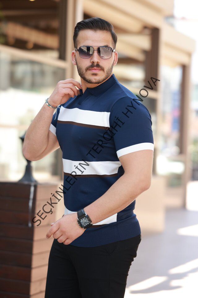 Erkek şerit Desenli Hemşire Yaka Kısa Kollu Tişört