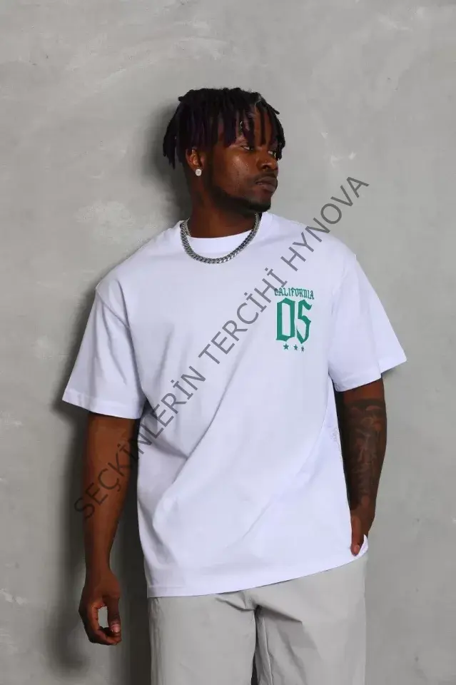 Unisex Oversize Baskılı Bisiklet Yaka T-Shirt - Beyaz