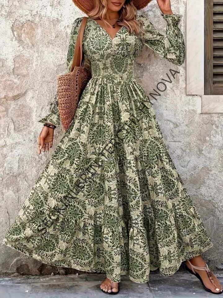 Kadın Uzun Kollu V Yakalı Desenli Süprem Elbise